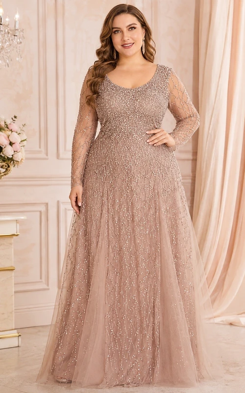 Taupe V-Neck Short Sleeve Chiffon Plus Size Evening Gown