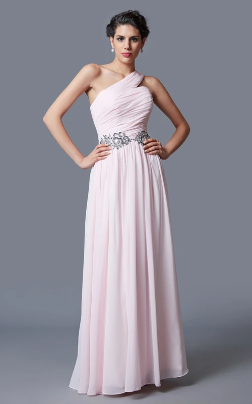 Raffiniertes, schulterfreies A-Linien-Chiffonkleid mit Perlenbesatz