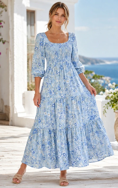 Light Blue Floral Square Neck Three-Quarter Puff Sleeve Tiered Ankle-Length Bohemian Dress