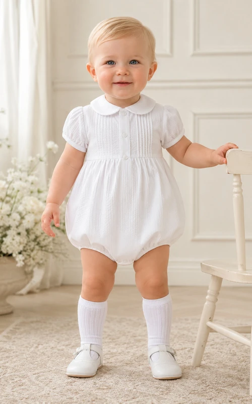Pelele blanco de manga corta con cuello Peter y pliegues para bautizo de bebé niño.