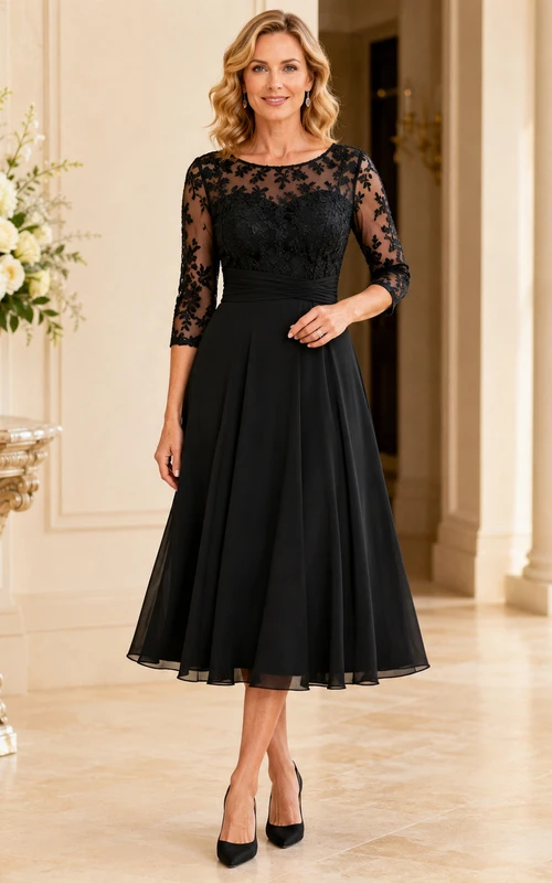 Elegante vestido negro de gasa con encaje y escote barco de tres cuartos hasta la rodilla para madres.