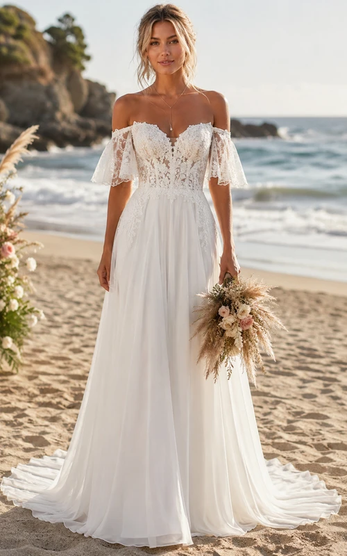 Vestido de novia de encaje con escote corazón y corte en A, hombros descubiertos.