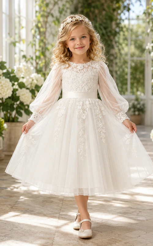Lace Bishop Sleeve Tea-Length A-Line Flower Girl Garden Wedding Tulle Dress