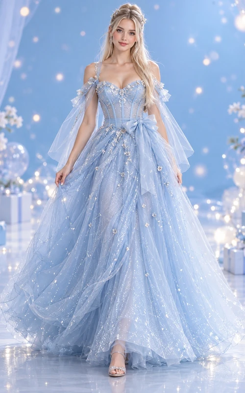 Fairy Sky Blue Sweetheart Floral Tulle Draped Sleeve Birthday Gown