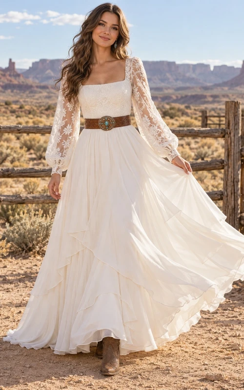 Vestido de novia de gasa estilo bohemio campestre con corte en A, escote cuadrado, mangas abullonadas y cinturón estilo western.