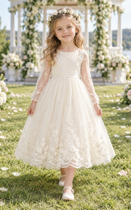 Teelanges, langärmeliges, elfenbeinfarbenes A-Linien-Kleid mit floraler Spitze, Tüll und Muschelsaum für Blumenmädchen