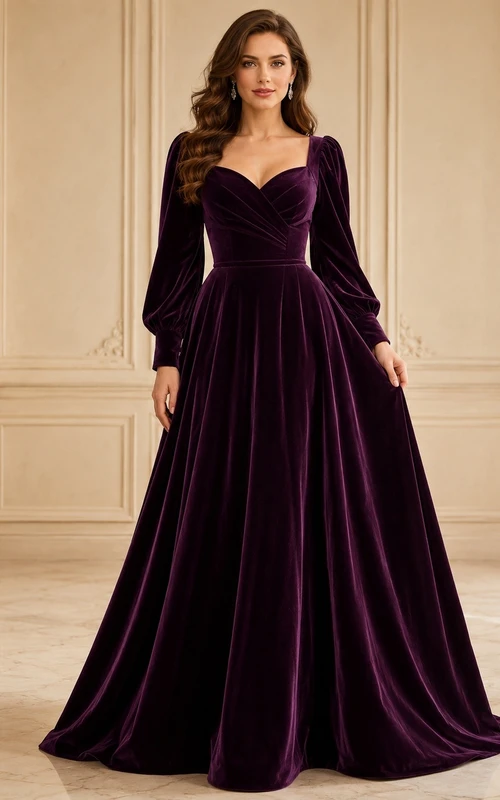 Luxury Plum Velvet Ball Gown Floor-Length Sweetheart Long Sleeve Evening Dress