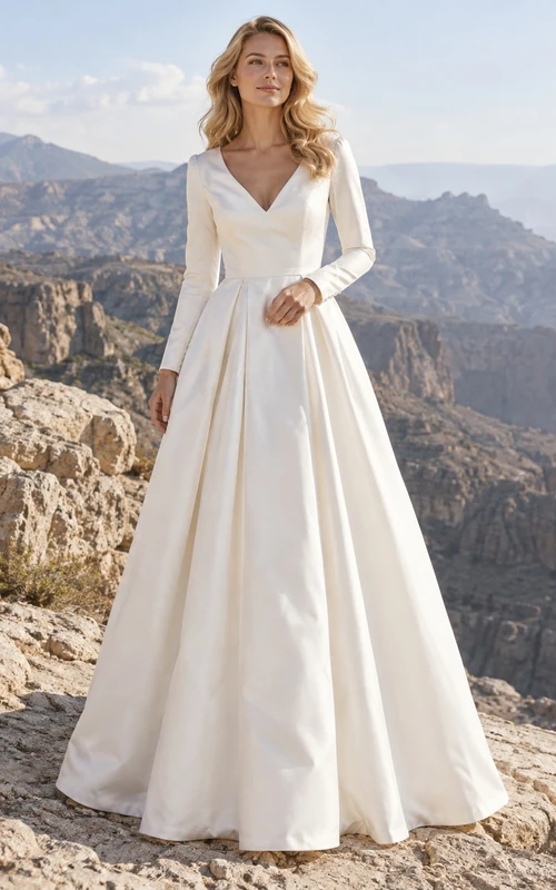 Vestido de novia sencillo de satén plisado con escote en V y mangas largas