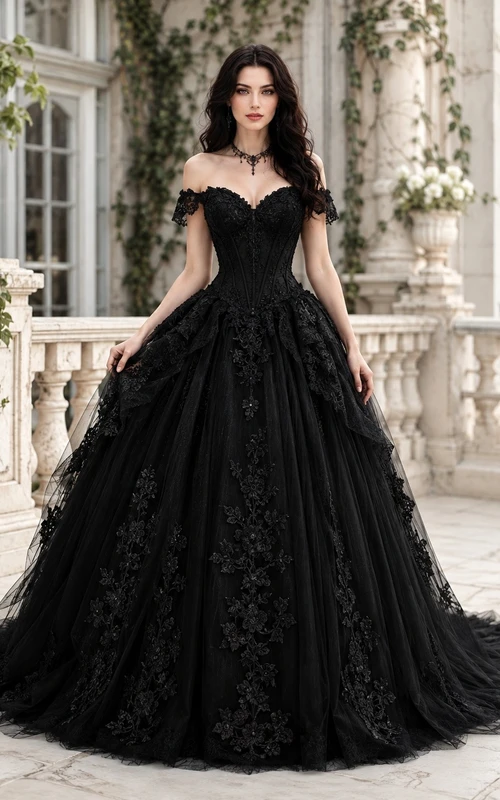 Vestido de novia negro de encaje estilo vintage romántico de manga corta y hombros descubiertos