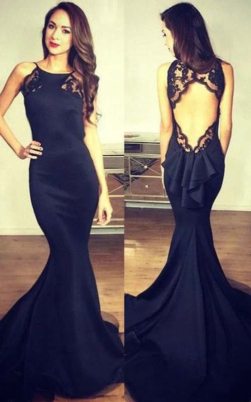 Sexy, ärmelloses Meerjungfrauen-Abendkleid aus Satin mit U-Boot-Ausschnitt, Schlüssellochausschnitt und Spitzenrüschen