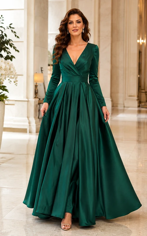 Dark Green V-Neck Long-Sleeve Sashed Satin Luxury Ball Formal Gown