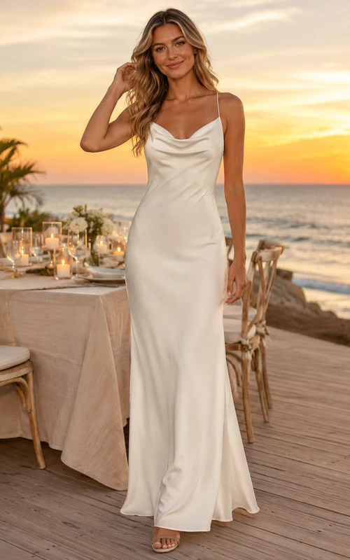 Beach Cowl Neck Spaghetti Strap Satin Slip Wedding Dress