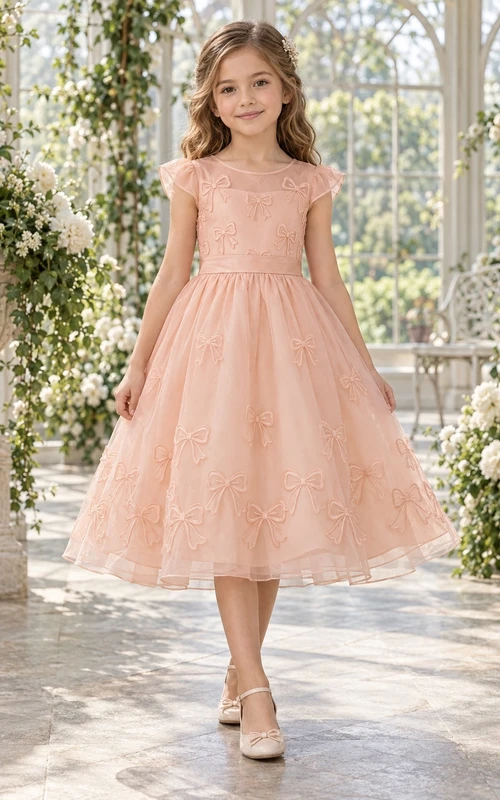Tea-length Peach Bateau Cap Sleeve Bow Embroidered Organza Flower Girl Dress