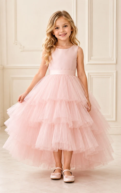 Blumenmädchenkleid aus rosafarbenem Tüll, A-Linie, Rundhalsausschnitt, Teelänge, Rüschenbesatz