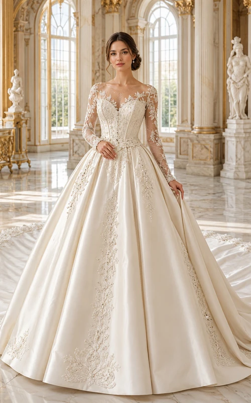 Vestido de novia de tul, estilo princesa, escote corazón, sin mangas, cola de capilla, con corsé y cordones en la espalda.