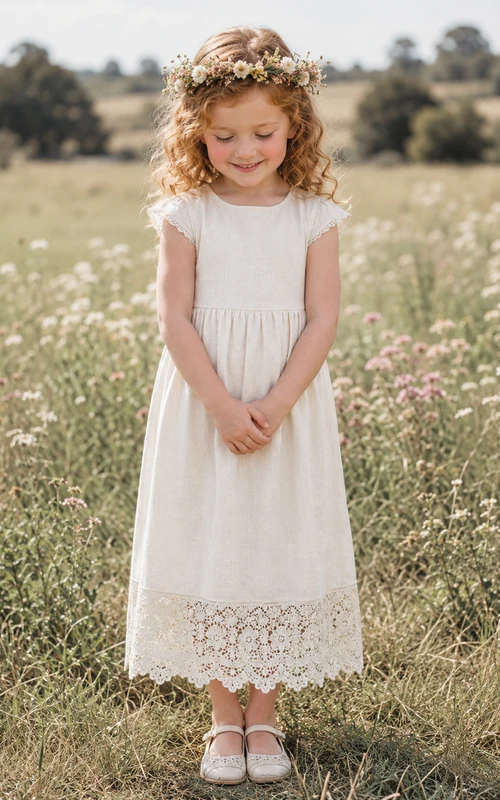 Flower Girl Dress Ivory Cotton Lace A-Line Scoop Neck Tea Length