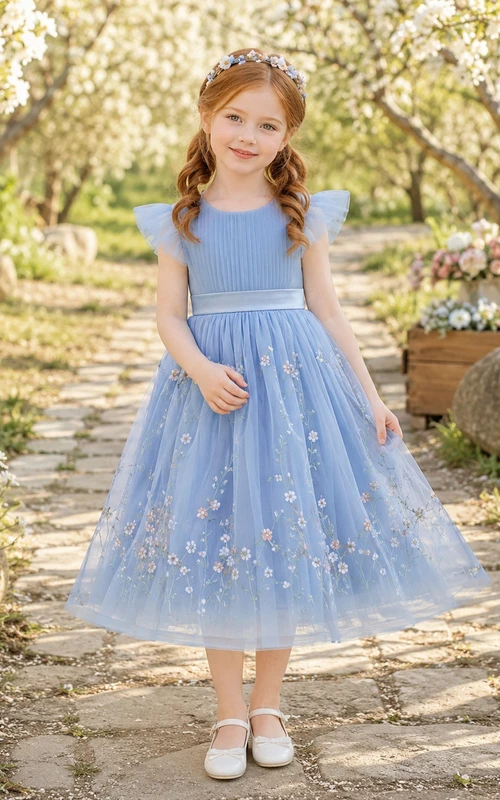 Sky Blue Flower Girl Dress Bohemian Tea-Length A-Line Flutter Sleeve Pleated Tulle Wildflower Embroidery Satin Bow