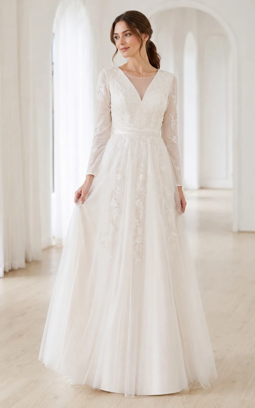 V-neck Long Sleeve Lace Floor-length A-line Romantic Elegant Wedding Formal Dress