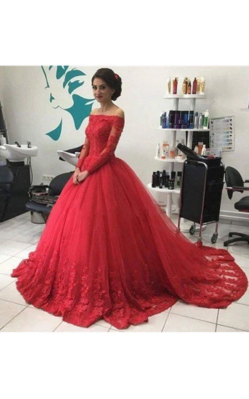 Robe de bal en dentelle et tulle, épaules dénudées, manches longues, fermeture éclair