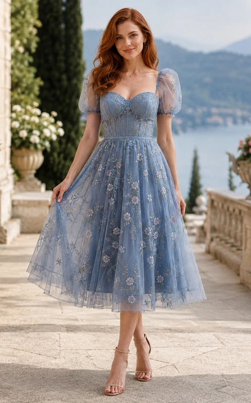 Schieferblaues, eckiges Ausschnittkleid mit Puffärmeln aus Tüllspitze, A-Linien-Schnitt und Teelänge mit Blumenmuster – Gästekleid