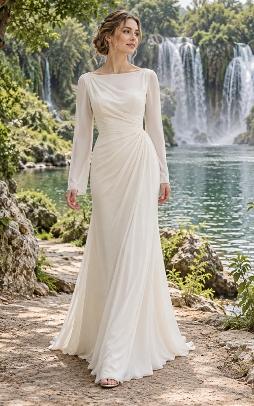 Vestido de novia sencillo de gasa con escote barco, mangas largas y fruncido lateral, largo hasta el suelo.
