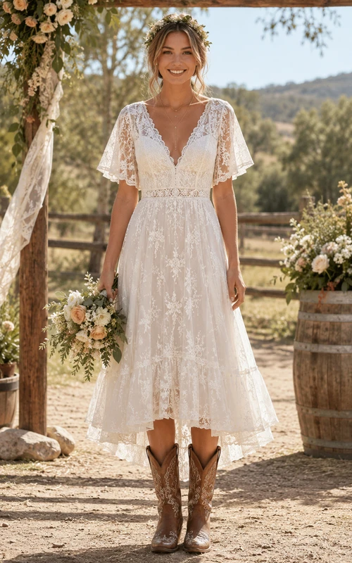 Robe de mariée champêtre bohème asymétrique en dentelle avec manches papillon