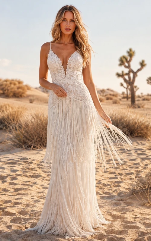 Vestido de novia bohemio sin mangas con escote en V y flecos, estilo tubo.