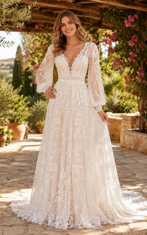 Robe de mariée bohème à col en V en dentelle, manches longues style poète, coupe trapèze, idéale pour un mariage à destination