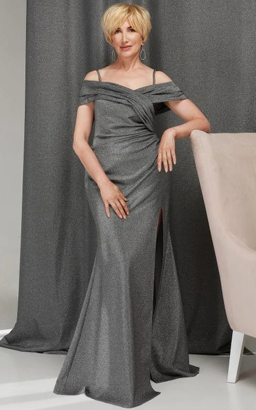 Sexy A-Linien-Kleid mit Pailletten, schulterfrei, bodenlang, für die Mutter der Braut, mit Schlitz vorne