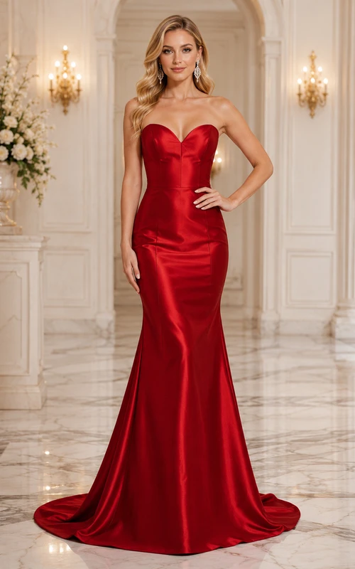 Red strapless sweetheart satin mermaid charity gala gown