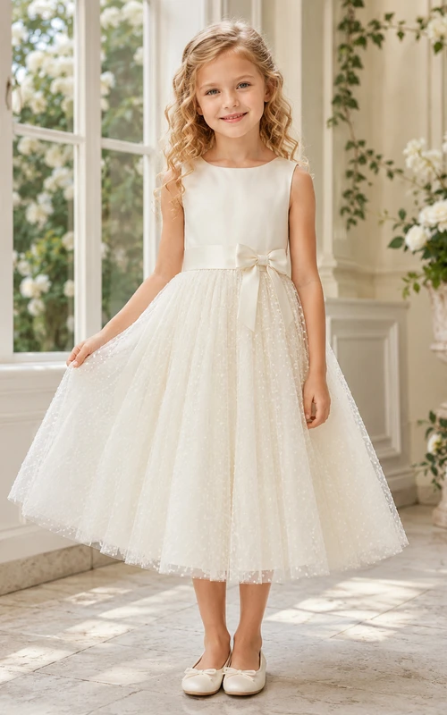 Robe de demoiselle d'honneur élégante et romantique en tulle à pois suisses, col rond, sans manches, à double nœud, longueur thé, coupe trapèze, couleur champagne.