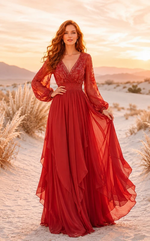 Red Boho Long Sleeve Lace Chiffon Wedding Dress