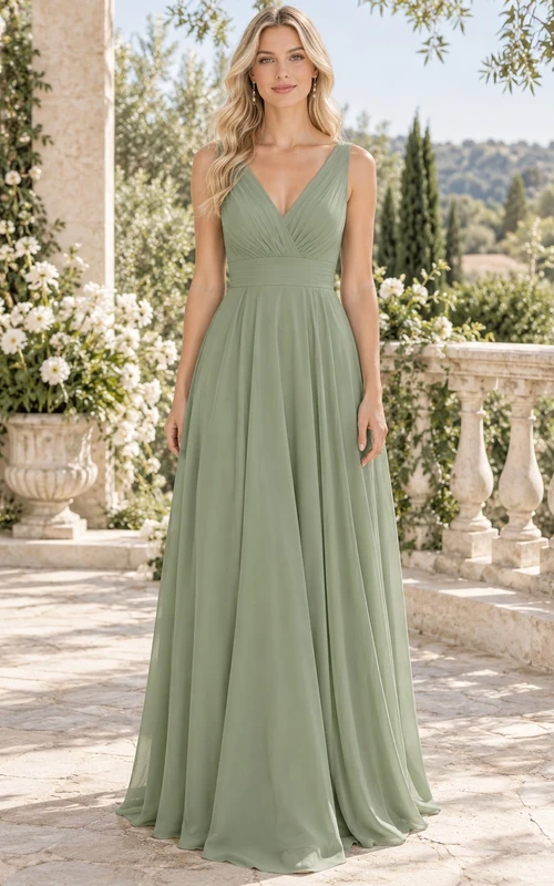 Vestido de dama de honor sencillo, largo hasta el suelo, sin mangas, con escote en V y fruncido, color verde salvia.