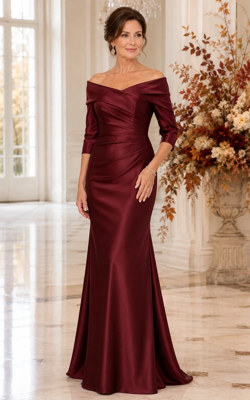 Burgunderfarbenes schulterfreies Meerjungfrauen-Kleid aus Satin für Mütter