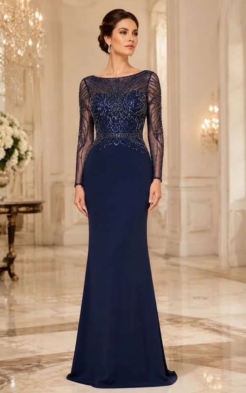Vestido de noche formal modesto de manga larga, estilo barcoau, color azul marino oscuro medianoche, con encaje y jersey, corte tubo, hasta el suelo.