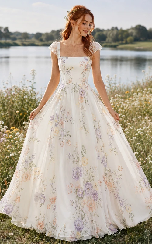 Vestido de té de gasa con estampado floral y escote cuadrado para la orilla del lago