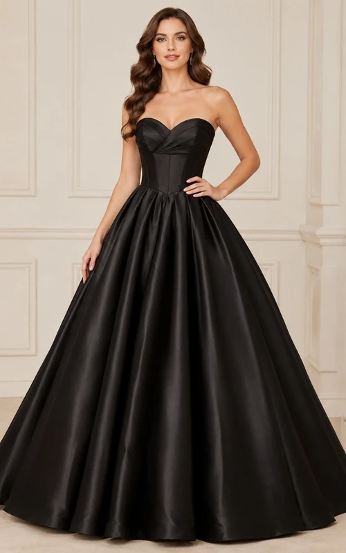 Black Sweetheart Satin Ball Gown Corset Back Floor Length Formal Prom Dress