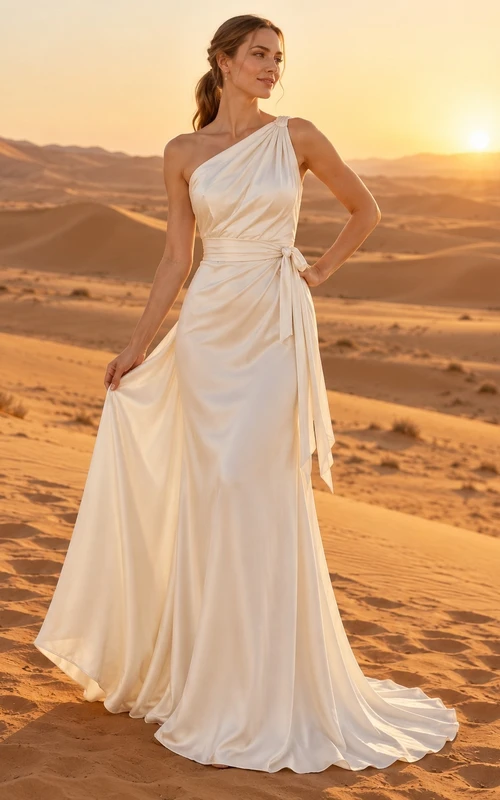 Sencillo vestido de novia asimétrico de satén fruncido con fajín lateral.