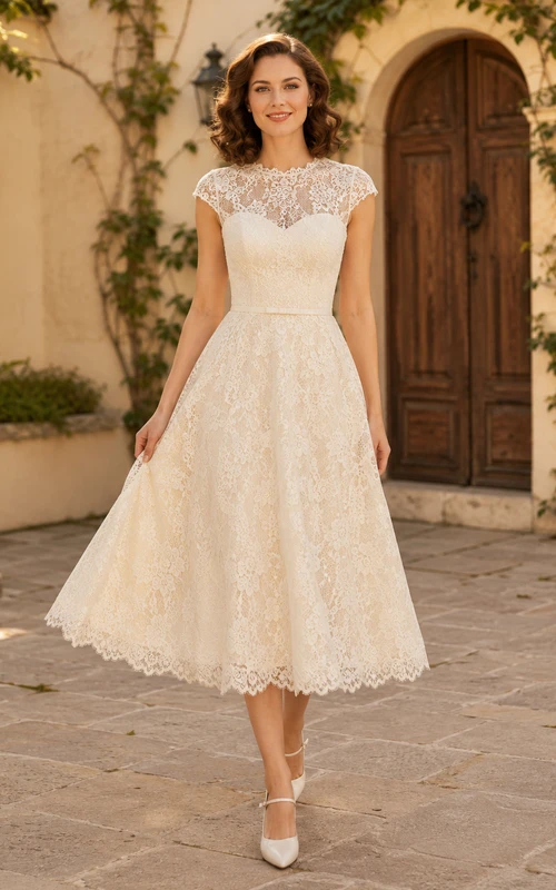 Robe de mariée vintage illusion en dentelle bateau, manches courtes, coupe trapèze, longueur thé, dos nu en forme de goutte, idéale pour une fugue amoureuse