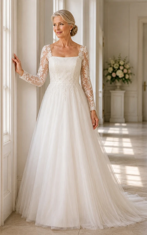 Robe de mariée élégante en tulle, coupe trapèze, col carré et manches longues en dentelle, pour les mariées plus âgées