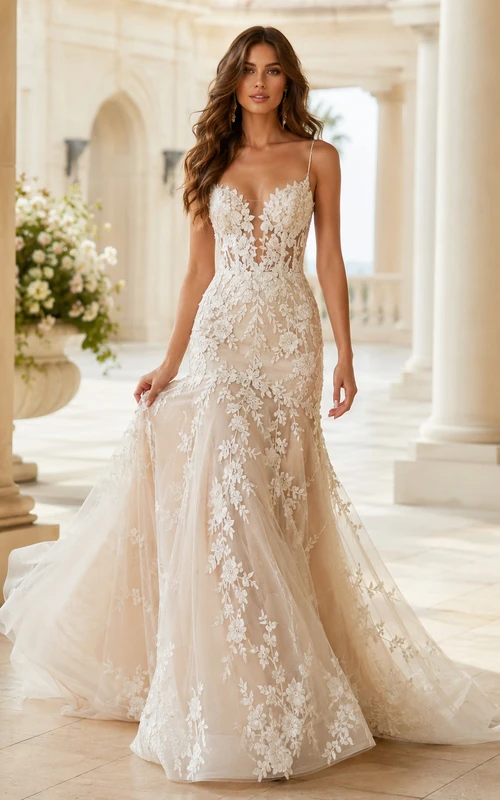 Robe de mariée champêtre en dentelle et tulle sans coutures, décolleté en V, bretelles, sans manches, coupe trapèze, traîne chapelle, applications florales.