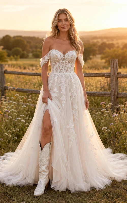 Robe de mariée de maternité, col V, manches longues en dentelle, coupe trapèze avec traîne