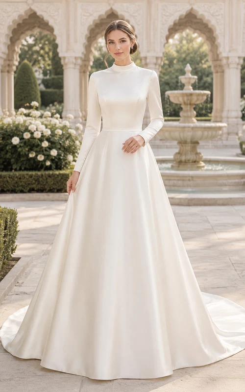 Vestido de novia de satén de corte A con cuello alto y estilo templo.