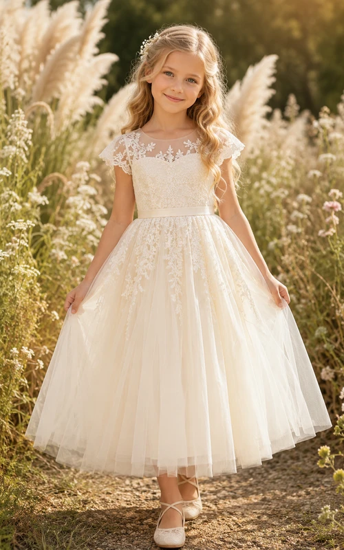 Robe de demoiselle d'honneur en dentelle ivoire et tulle, coupe trapèze, manches courtes, col rond, longueur midi, détail ceinture.