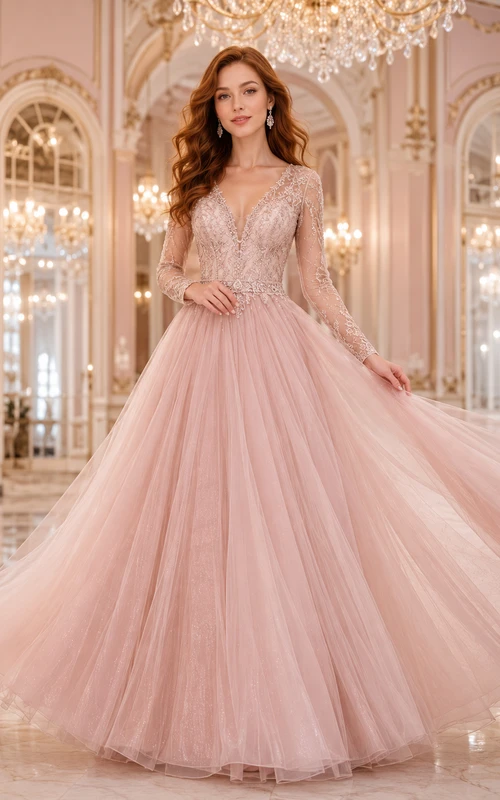 Blush Long Sleeve Lace Bodice Tulle Ball Gown Dress