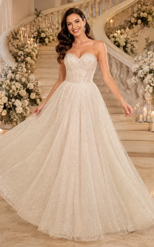Luxury Strapless Sweetheart Glitter Tulle Ball Gown Floor-Length Princess Wedding Dress