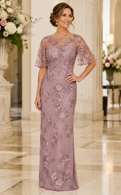 Vestido de tubo color malva con encaje y mangas con volantes para madres.