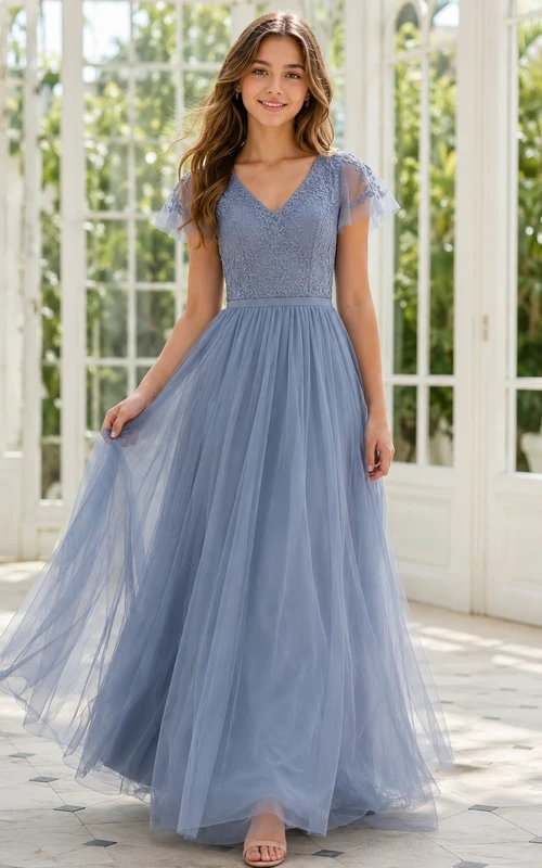 Stahlblaues Brautjungfernkleid für junge Damen, A-Linie, V-Ausschnitt, kurze Illusionsärmel, Tüll, bezaubernd romantisch