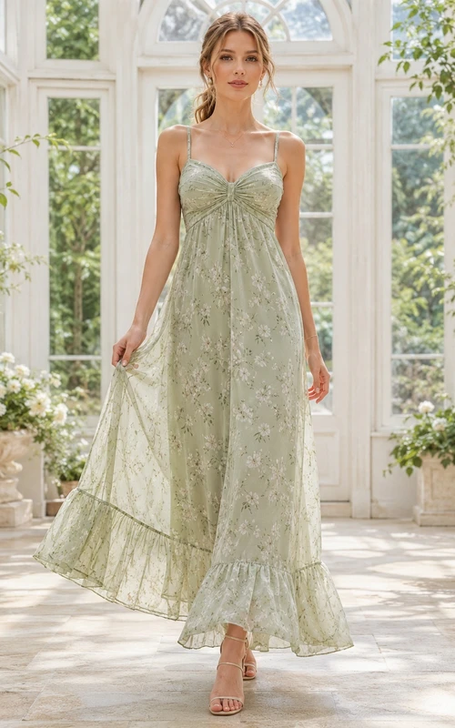 Sage Green Floral Lace Spaghetti Strap Empire Ankle-Length Boho Garden Dress