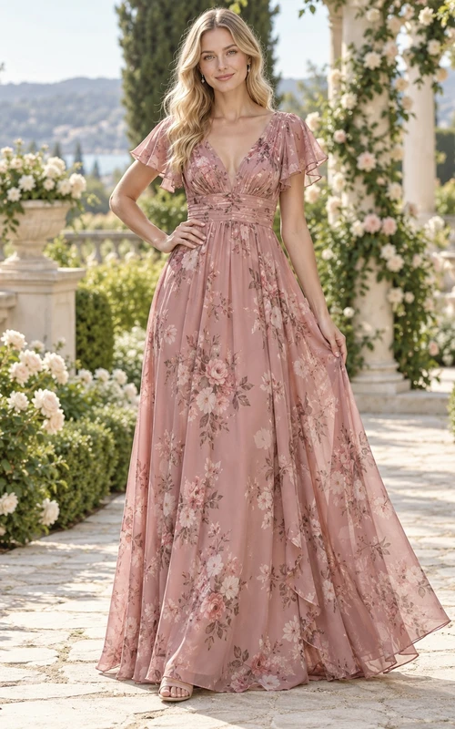 Vestido de dama de honor de gasa color rosa empolvado con escote en V, mangas con volantes y corte en A, largo hasta el suelo.
